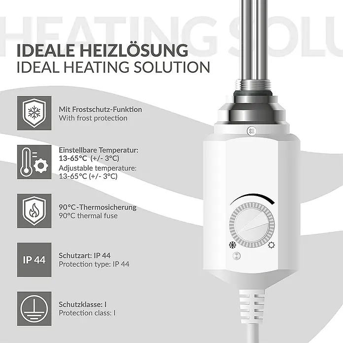 LuxeBath Austauschheizkörper - B x H: 4,5 x 4,5 cm - Produktdarstellung: Heizlösung mit Frostschutz, einstellbarer Temperatur, Thermosicherung, IP44-Schutzart und Schutzklasse I.