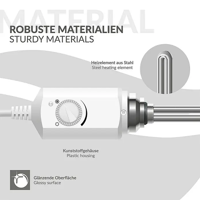 LuxeBath Austauschheizkörper - B x H: 4,5 x 4,5 cm - Produktbild mit robusten Materialien, Stahlheizelement, Kunststoffgehäuse und glänzender Oberfläche für eine hochwertige Optik.