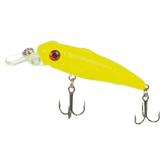 Westline Wobbler Innocent 55 - Zielfisch: Barsch/Forelle, 5,5 cm, Mit Drillingen, LE - Gelber Angelköder mit roten Augen und zwei Drillingen, ideal für Raubfische in klaren Gewässern.