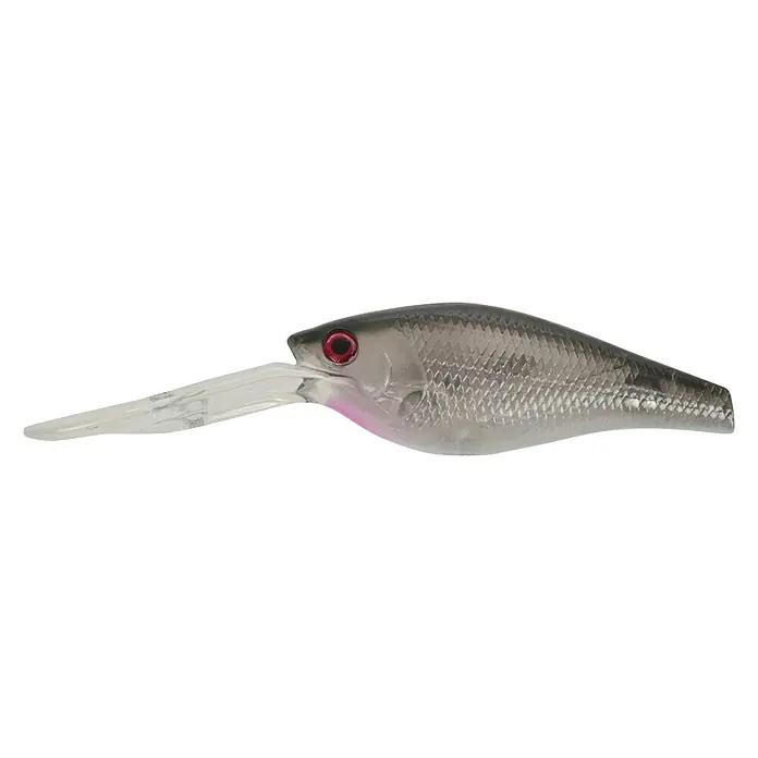 Westline Wobbler Fatty 80 - Zielfisch: Zander/Hecht/Großbarsch, 8 cm, Mit Drillingen, WF - Detailaufnahme eines grauen Angelköders mit rotem Auge und durchsichtiger Schaufel.