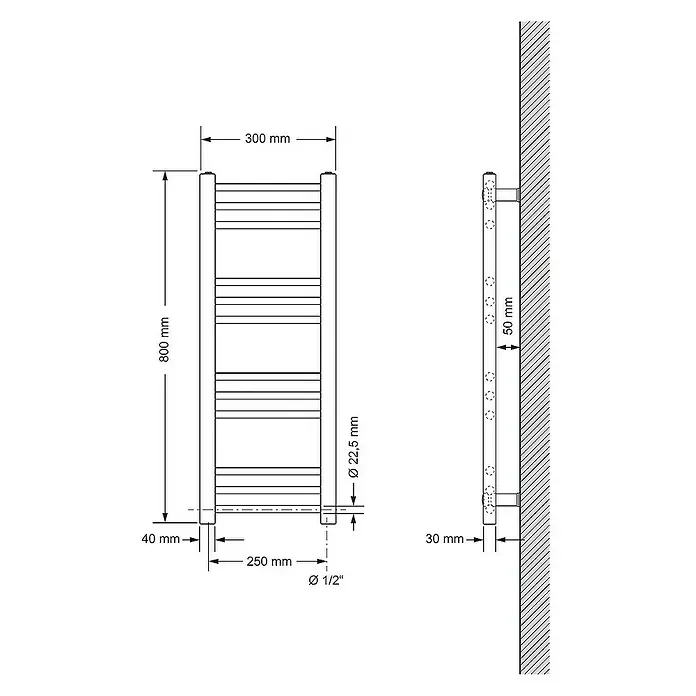 LuxeBath Badheizkörper Design Handtuchheizkörper Handtuchwärmer Seitenanschluss gerade 200 W - B x H: 30 x 80 cm, Anthrazit - Abbildung eines Heizkörpers mit den Maßen 800 mm Höhe, 300 mm Breite und 22,5 mm Durchmesser, zur Wandmontage mit 50 mm Abstand.