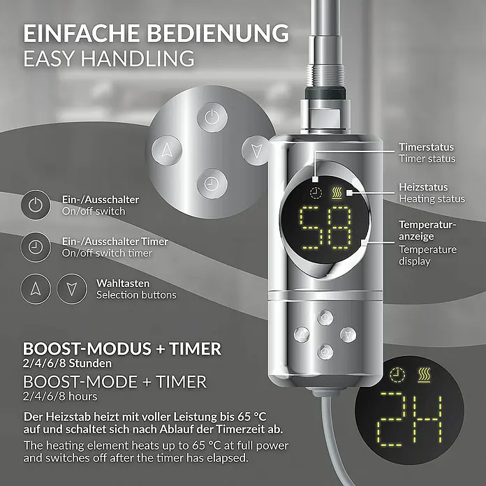 LuxeBath Austauschheizkörper - B x H: 4,5 x 4,5 cm - Abbildung eines Heizstabs mit digitaler Anzeige, Bedienelementen und Hinweisen zu Timer, Heizstatus und Temperatureinstellung.