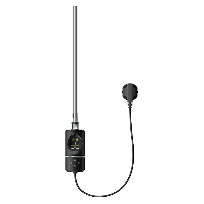LuxeBath Austauschheizkörper - B x H: 86,5 x 4,5 cm - Nahaufnahme eines elektrischen Handtuchwärmers mit digitaler Anzeige und Stecker. Praktisch und modern für jedes Badezimmer.