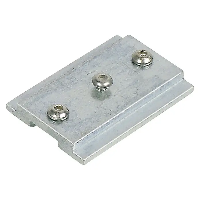 Verbinder - Für 3- und 4-Lauf Aluminiumschienen, 1 Stk. - Metall-Gegenplatte mit drei Schrauben. Die Gegenplatte ist aus Metall und hat eine rechteckige Form. Auf der Oberfläche befinden sich drei Schrauben.