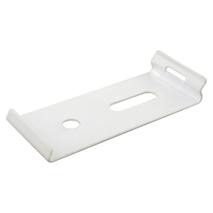 Deckenträger - Weiß, Für 5-Lauf Aluminiumschienen, 2 Stk. - Nahaufnahme einer weißen Jalousienhalterung mit Löchern und einer Halterung für die einfache Montage und sicheren Halt.