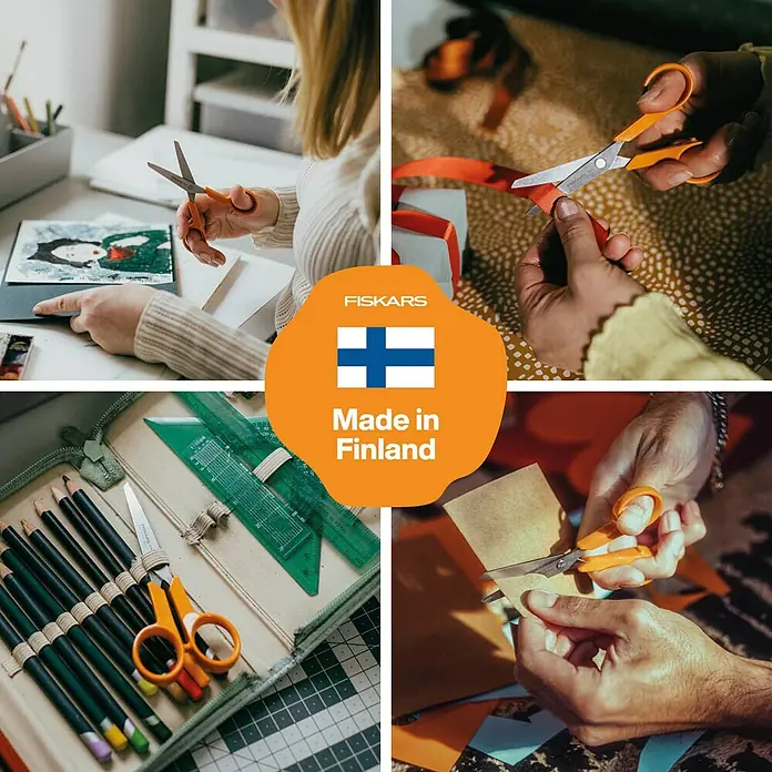 Fiskars Schere Classic - Länge: 13 cm, Orange - Collage mit Bastelszenen, Fokus auf Fiskars Scheren und dem Hinweis "Made in Finland".