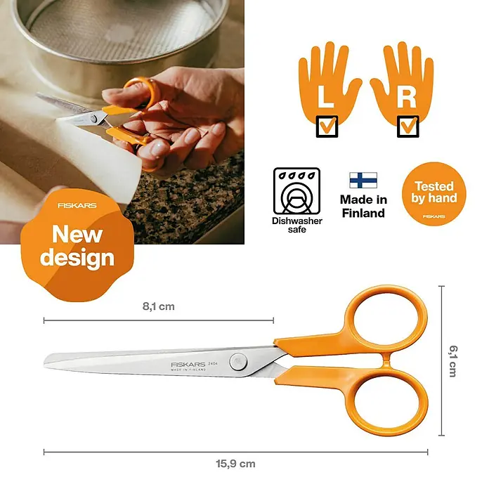 Fiskars Universalschere Classic - Länge: 16 cm, Orange - Abbildung einer Fiskars-Schere mit orangefarbenen Griffen, ideal für Rechts- und Linkshänder, spülmaschinenfest und in Finnland hergestellt.