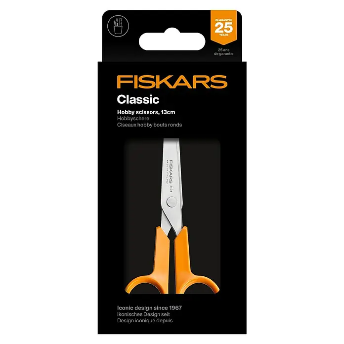 Fiskars Schere Classic - Länge: 13 cm, Orange - Abbildung einer Fiskars Classic Hobbyschere, 13 cm, mit orangefarbenen Griffen, bekannt für ihr ikonisches Design seit 1967.