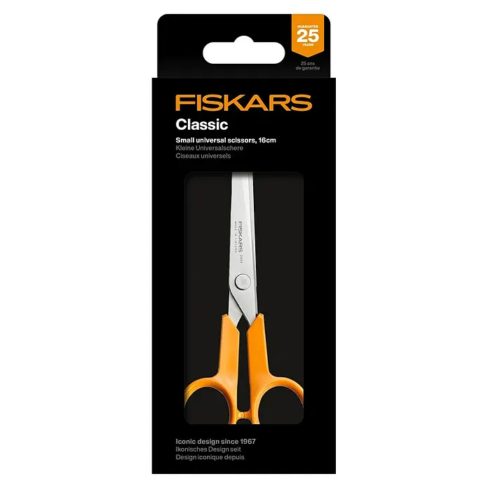 Fiskars Universalschere Classic - Länge: 16 cm, Orange - Nahaufnahme einer Verpackung von Fiskars Classic Universalschere, 16cm, mit orangefarbenen Griffen und 25 Jahren Garantie.