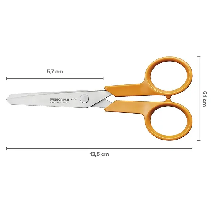 Fiskars Schere Classic - Länge: 13 cm, Orange - Eine Nahaufnahme einer orangefarbenen Fiskars-Schere, die für ihre Schärfe und ihr ergonomisches Design bekannt ist. Ideal für präzise Schnitte und komfortable Handhabung.