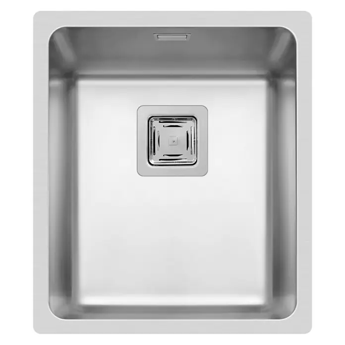 Pyramis Einbauspüle Lume - 38 x 44 cm, Edelstahl, Einbauart: Unterbau - Detailaufnahme eines Edelstahlspülbeckens mit quadratischem Abfluss und minimalistischem Design, ideal für moderne Küchen.