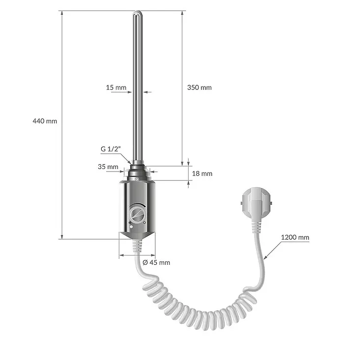 LuxeBath Austauschheizkörper - B x H: 4,5 x 4,5 cm - Abbildung eines Heizstabs mit den Maßen 440 mm Höhe, 15 mm Durchmesser und 1200 mm Kabellänge.