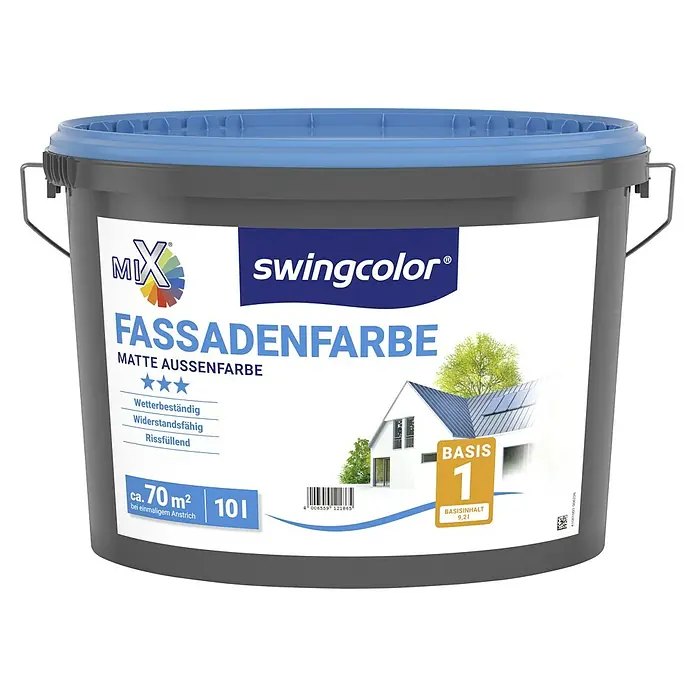 swingcolor Mix Dispersionsfassadenfarbe zum Mischen lassen - Basismischfarbe 1, 10 l - Eimer Fassadenfarbe von Swingcolor, matte Außenfarbe, geeignet für ca. 70 m², Inhalt 10 l, Basis 1 mit 9,2 l Basisinhalt.