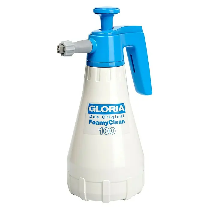 Gloria Drucksprüher FoamyClean 100 - 1 l - Das Bild zeigt einen Gloria FoamyClean 100 Schaumsprüher in Weiß und Blau. Der Sprüher ist ideal für Reinigungsarbeiten und Schaumanwendungen.