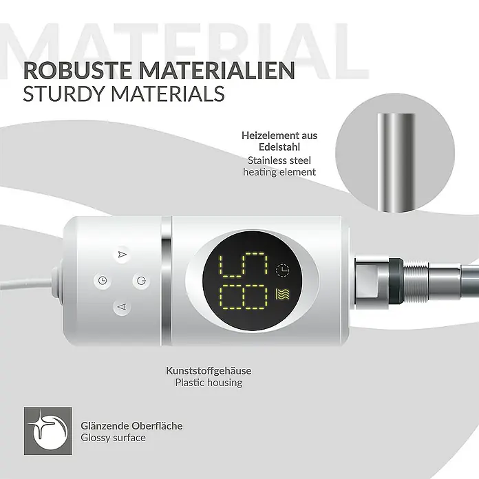 LuxeBath Austauschheizkörper - B x H: 4,5 x 4,5 cm - Nahaufnahme eines Wasserhahn-Heizelements mit digitaler Temperaturanzeige und Hinweisen auf robuste Materialien, Edelstahl-Heizelement und glänzende Oberfläche.