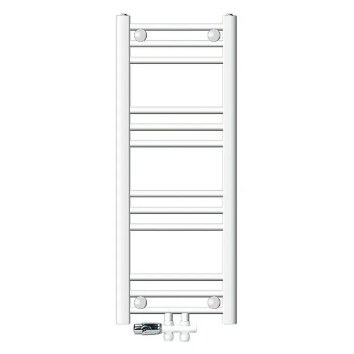 LuxeBath Badheizkörper Handtuchwärmer Mittelanschluss gerade mit Boden Thermostatventil - B x H: 30 x 80 cm, Weiß - Ein weißer Heizkörper in Handtuchwärmerform mit fünf horizontalen Stangen und Thermostatventil.