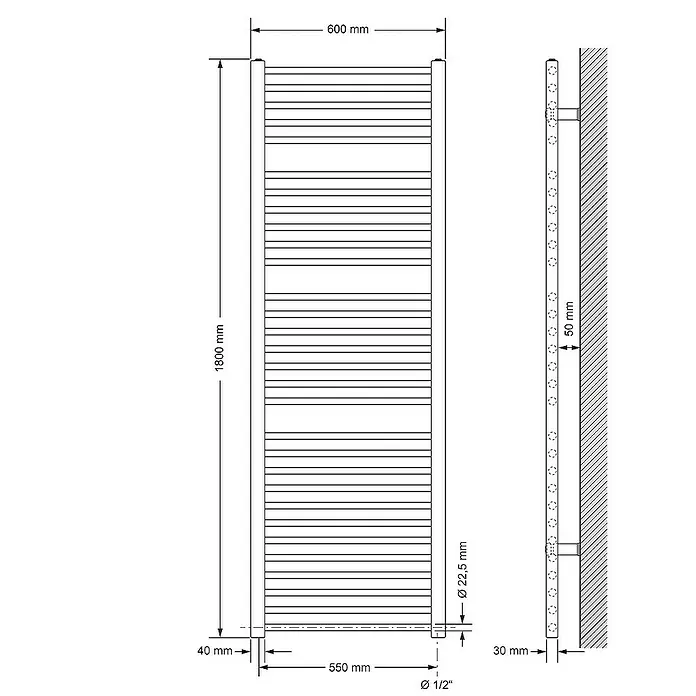 LuxeBath Badheizkörper Design Handtuchheizkörper Handtuchwärmer Seitenanschluss gerade 790 W - B x H: 60 x 180 cm, Weiß - Technische Zeichnung eines beheizten Handtuchhalters mit Maßangaben zu Höhe, Breite und Rohrdurchmesser.