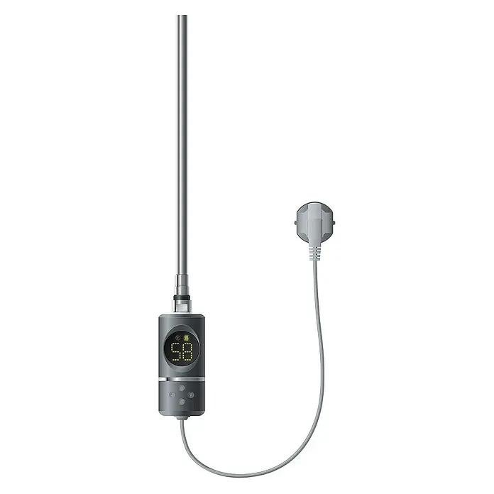 LuxeBath Austauschheizkörper - B x H: 4,5 x 4,5 cm - Nahaufnahme eines Heizkörpers mit digitaler Anzeige und Stromkabel. Das Gerät ist in Grau gehalten und hat eine moderne Optik.
