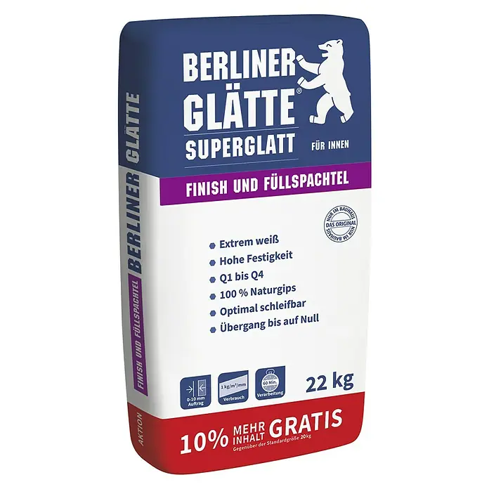 Berliner Glätte Füll- & Glättspachtel Finish Superglatt - 22 kg - Sack Berliner Glätte Superglatt Finish- und Füllspachtel mit Berliner Bär, ideal für glatte Oberflächen im Innenbereich und Reparaturen.