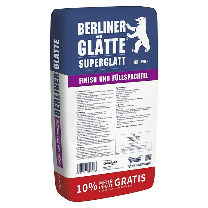 Berliner Glätte Füll- & Glättspachtel Finish Superglatt - 22 kg - Berliner Glätte Superglatt Füllspachtel: Eine hochwertige Spachtelmasse für glatte Oberflächen im Innenbereich, ideal für Ausbesserungsarbeiten.