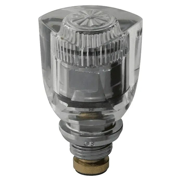 Wasserhahn - Oberteil Atmos GS0102/15OG - Anschlussgewinde: ½″ - Ein detailreicher Nahaufnahme eines transparenten Wasserhahngriffs mit verchromten Akzenten und einem messingfarbenen Anschlussstück.
