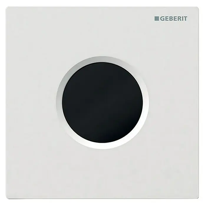 Geberit Betätigungsplatte Urinalsteuerung Typ 01 Infrarot - L x B x H: 130 x 130 x 9 mm, Metall, Weiß/Schwarz - Weißer Geberit Betätigungsplatte mit rundem, schwarzem Knopf und silbernem Rand.