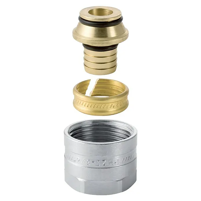 Geberit Anschlussverschraubung Mepla - Durchmesser: 16 mm, ¾″, 2 Stk. - Produktaufnahme von Messing- und Metallverschraubungen, die gestapelt sind. Diese Sanitärverschraubungen sind wichtig für die Installation.