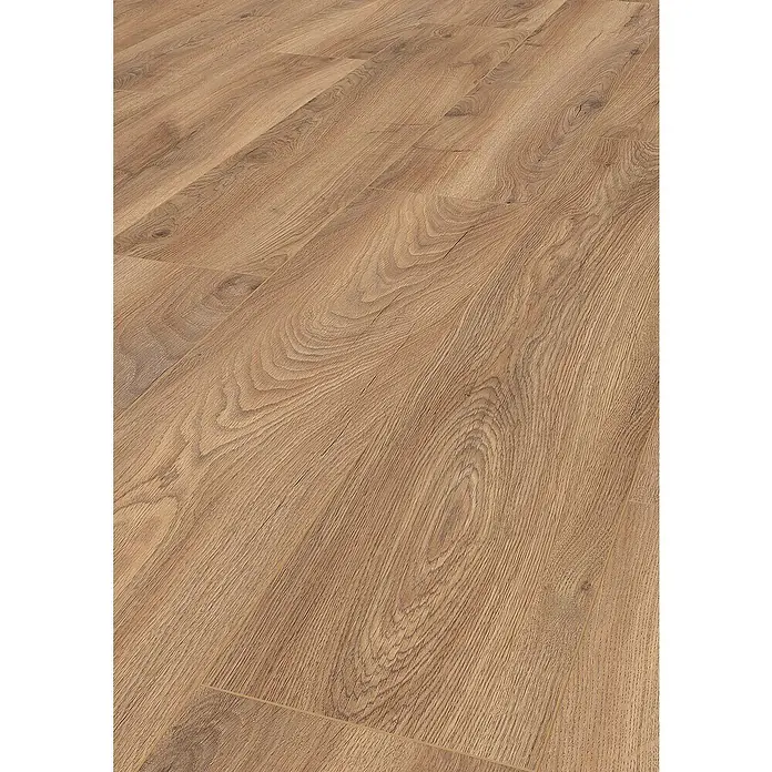 LOGOCLIC Edition Laminat Vinto - Sundance Oak, Landhausdiele, 1.288 x 245 x 8 mm - Nahaufnahme eines Laminatbodens mit einer warmen Holzmaserung, der eine rustikale und dennoch moderne Ästhetik bietet.