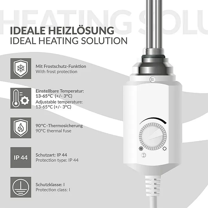 LuxeBath Austauschheizkörper - B x H: 4,5 x 4,5 cm - Bild eines Heizgeräts mit diversen Funktionen, wie Frostschutz, Temperatureinstellung, Thermosicherung, Schutzart IP44 und Schutzklasse I.