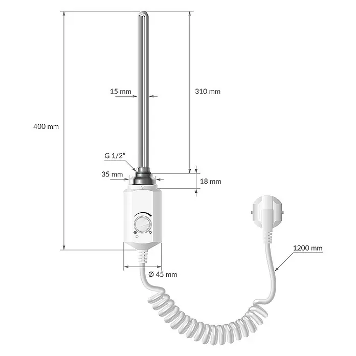 LuxeBath Austauschheizkörper - B x H: 4,5 x 4,5 cm - Abbildung eines Heizstabs mit den zugehörigen Maßen, inklusive der Länge des Kabels.