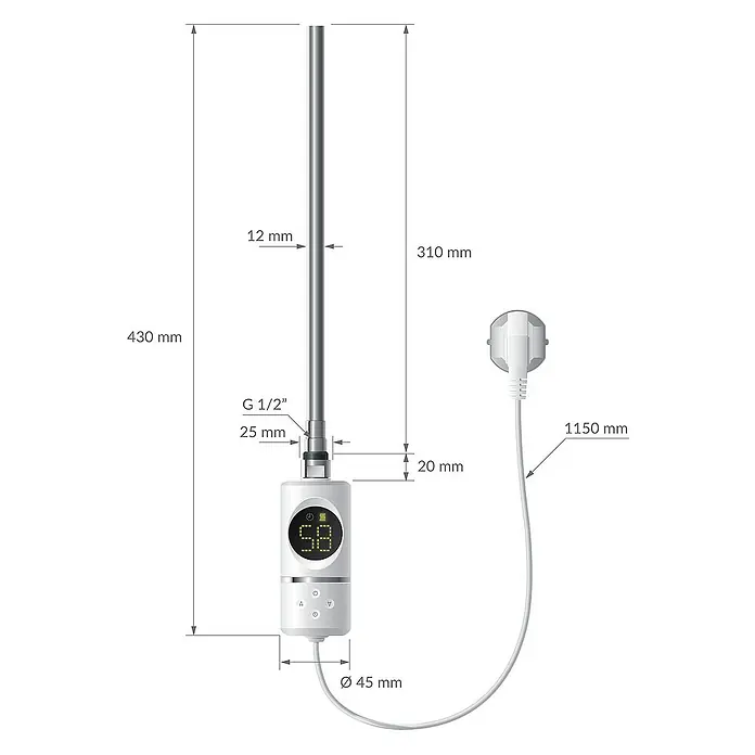 LuxeBath Austauschheizkörper - B x H: 4,5 x 4,5 cm - Detaillierte Ansicht einer Heizstab-Zeichnung mit Maßangaben, inklusive Kabellänge und Durchmesser, für technische Spezifikationen.