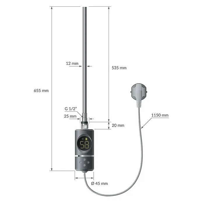 LuxeBath Austauschheizkörper - B x H: 4,5 x 4,5 cm - Abbildung eines Heizstabs mit Abmessungen, der die Größe und Details des Produkts hervorhebt.