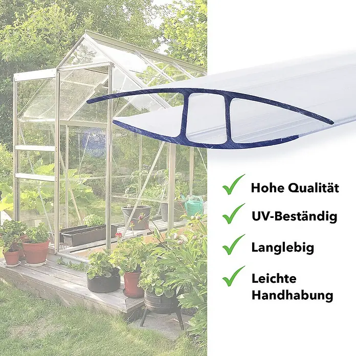 Floordirekt Hohlkammerplatte Verbinder für Doppelstegplatten H-Profil 6 mm - Länge 121 cm -  - Gewächshaus mit Polycarbonat-Verbindungsprofilen. Hochwertige, UV-beständige und langlebige Profile für einfache Handhabung im Garten.