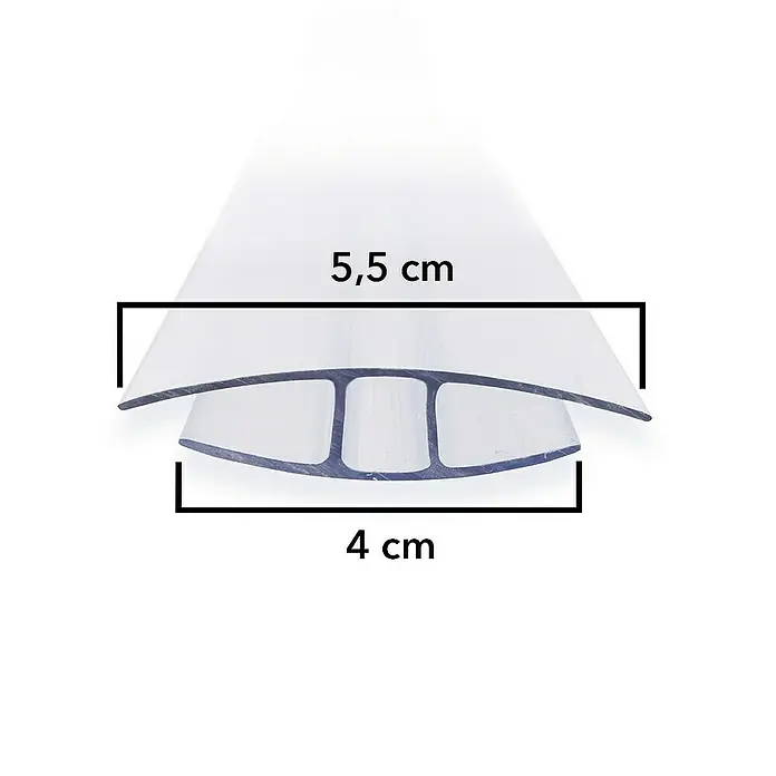 Floordirekt Hohlkammerplatte Verbinder für Doppelstegplatten H-Profil 4 mm - Länge 121 cm -  - Nahaufnahme eines transparenten H-Profils mit den Maßen 5,5 cm Breite und 4 cm Höhe, ideal für diverse Anwendungen.