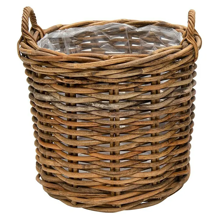 Mega Collections Pflanzkorb - Außenmaß (Ø x H): 33 x 37 cm, Naturmaterialien, Braun - Ein handgefertigter, runder Weidenkorb mit stabilen Griffen und einer transparenten Innenfolie für Pflanzen oder Dekoration.