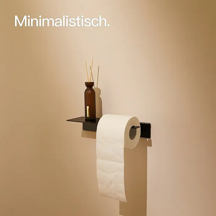 Designfabrik Hamburg Toilettenpapierhalter - Mit Ablage, Schwarz, Matt - Minimalistisch: Eine Toilettenpapierhalterung mit einem Regal und einem Duftspender für ein stilvolles Badezimmer.