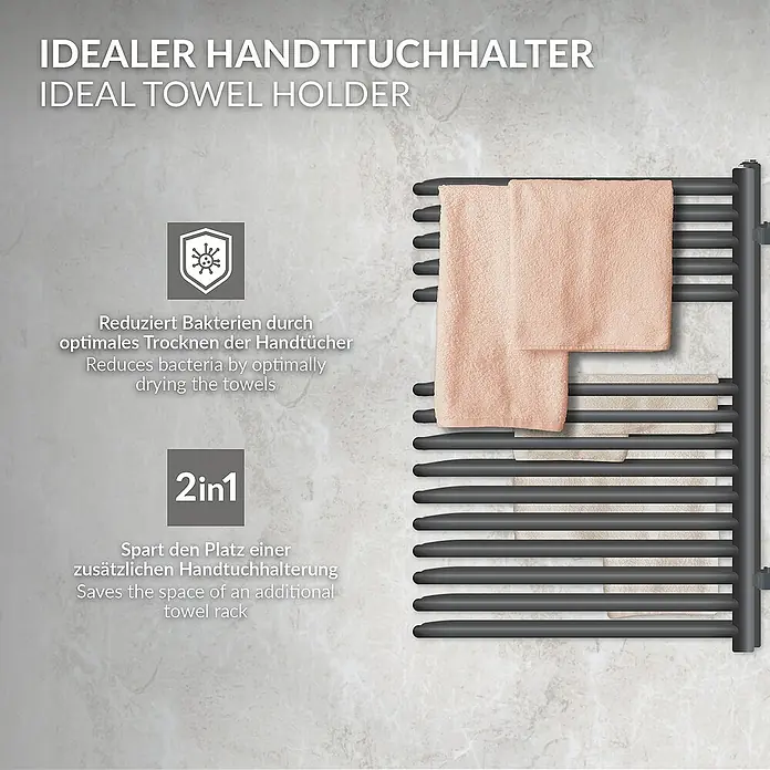 LuxeBath Elektro-Badheizkörper Partition Handtuchwärmer Elektrisch Seitenanschluss mit Heizstab 600W - B x H: 50 x 80 cm - Handtuchhalter: Ideal zum Trocknen und Halten von Handtüchern, reduziert Bakterien und spart Platz.