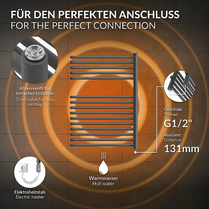 LuxeBath Elektro-Badheizkörper Partition Handtuchwärmer Elektrisch Seitenanschluss mit Heizstab 600W - B x H: 50 x 80 cm - Bild eines modernen Handtuchwärmers mit Details zu Anschlüssen und Spezifikationen.