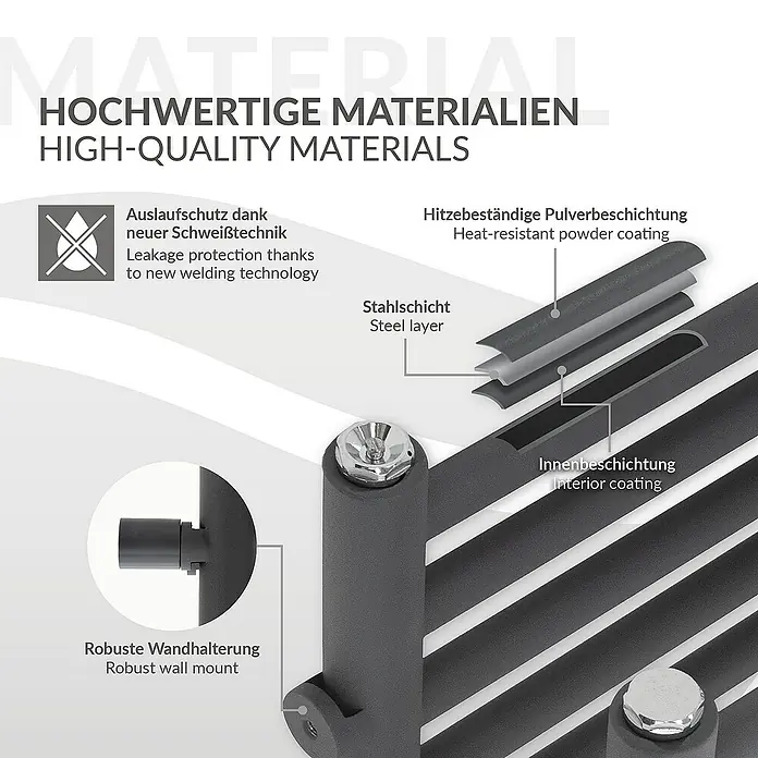 LuxeBath Elektro-Badheizkörper Partition Handtuchwärmer Elektrisch Seitenanschluss mit Heizstab 600W - B x H: 50 x 80 cm - Abbildung eines Heizkörpers, der hochwertige Materialien und eine robuste Wandhalterung aufweist und mit Pulver beschichtet ist.