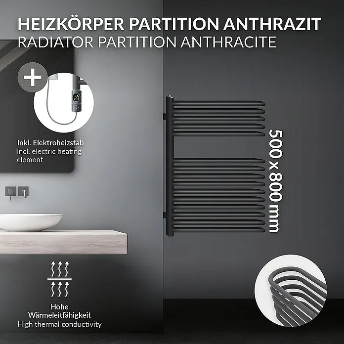 LuxeBath Elektro-Badheizkörper Partition Handtuchwärmer Elektrisch Seitenanschluss mit Heizstab 600W - B x H: 50 x 80 cm - Heizkörper Partition Anthrazit, ein stilvoller Heizkörper für Badezimmer mit elektrischem Heizstab, Maße 500 x 800 mm, hohe Wärmeleitfähigkeit.