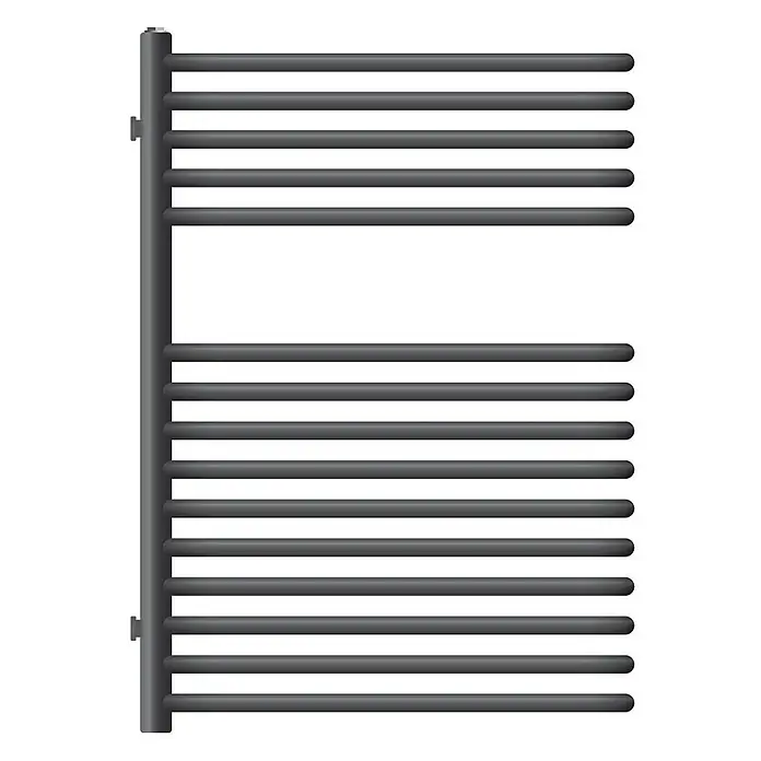 LuxeBath Elektro-Badheizkörper Partition Handtuchwärmer Elektrisch Seitenanschluss mit Heizstab 600W - B x H: 50 x 80 cm - Abbildung eines modernen, grauen Heizkörpers mit horizontalen Stäben. Perfekt für Badezimmer, um Handtücher zu wärmen.