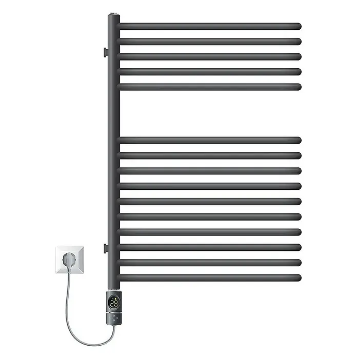 LuxeBath Elektro-Badheizkörper Partition Handtuchwärmer Elektrisch Seitenanschluss mit Heizstab 600W - B x H: 50 x 80 cm - Bild eines modernen, elektrischen Handtuchwärmers in Anthrazit, ideal für Badezimmer. Der Handtuchwärmer hat mehrere horizontale Stangen.