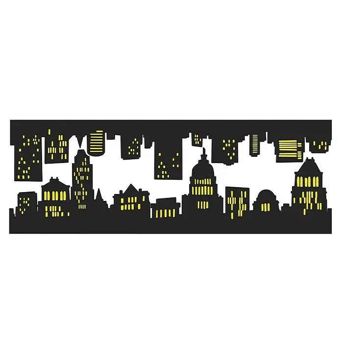 Vinilo de pared - Casas en la noche, Negro, Plástico - Silueta negra de una ciudad con ventanas amarillas, representando un paisaje nocturno urbano. Ideal para diseños modernos y urbanos.