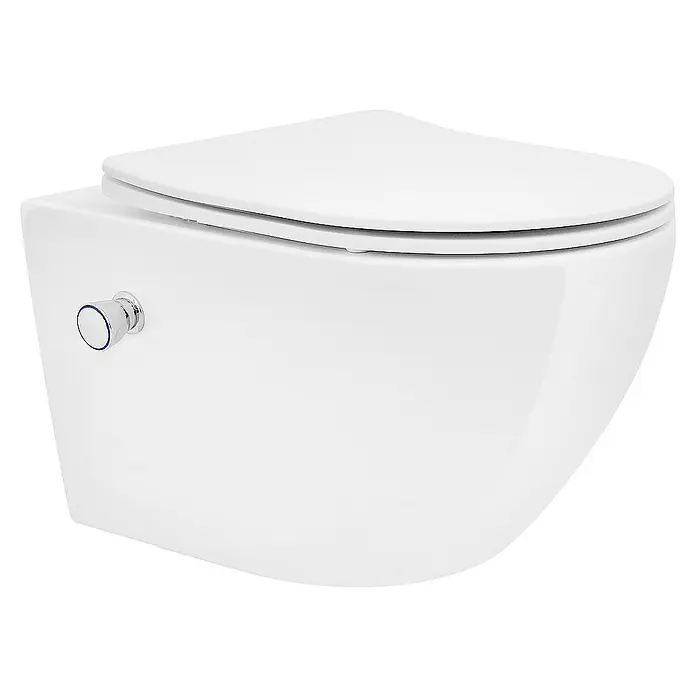 LuxeBath Wand-WC lang Weiß mit Bidet Funktion Toilettensitz Duroplast - Spülrandlos, Spülform: Tief, WC Abgang: Waagerecht, Weiß - Wand-WC mit Spülknopf: Elegantes, weißes Wand-WC mit verdeckter Installation und seitlichem Spülknopf für moderne Badezimmergestaltung.