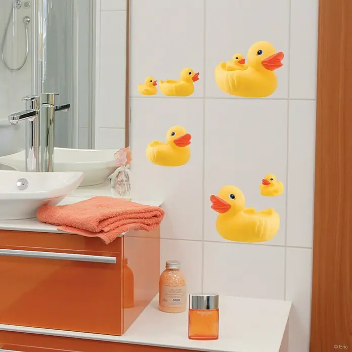 Vinilo para azulejos - Patitos de baño, 15 x 15 cm, 4 pzs. - Vinilos decorativos de pared de patos de goma amarillos que alegran el baño, añadiendo un toque juguetón al espacio. Ideales para decorar baños infantiles.