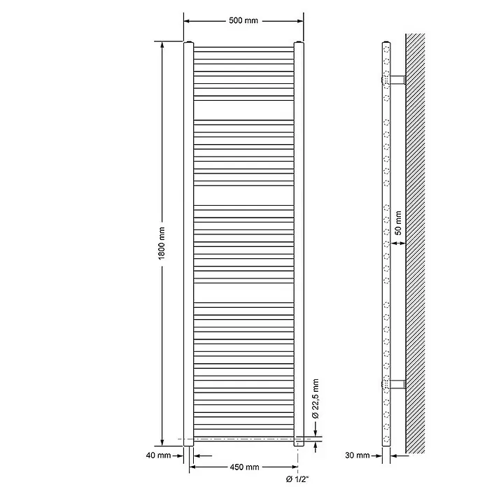 LuxeBath Elektro-Badheizkörper Handtuchwärmer Elektrisch Seitenanschluss mit Heizstab 1200W gerade - B x H: 50 x 180 cm - Technische Zeichnung eines Heizkörpers für Badezimmer mit Maßen.