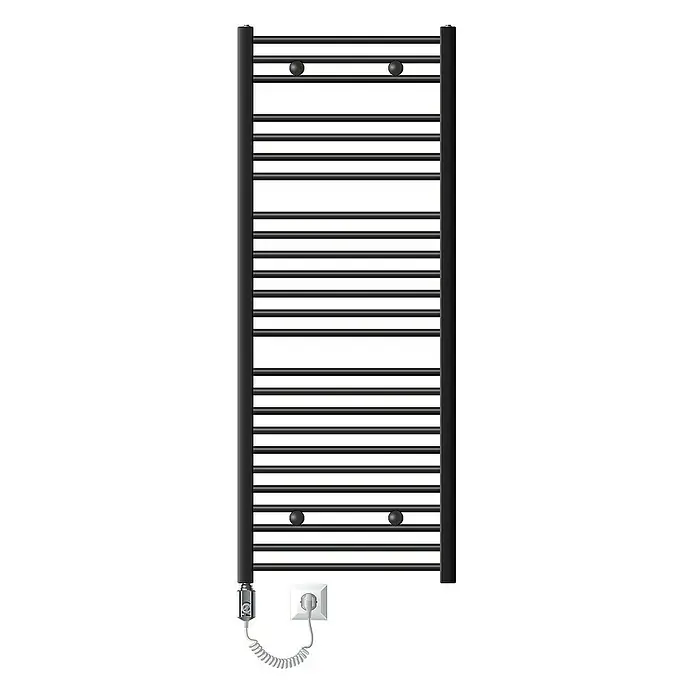 LuxeBath Elektro-Badheizkörper Designheizkörper Sahara Handtuchheizkörper Handtuchheizung - B x H: 60 x 150 cm - Eine schwarze Handtuchheizung mit waagerechten Sprossen, montiert mit Stromkabel und Stecker, ideal für Badezimmer.