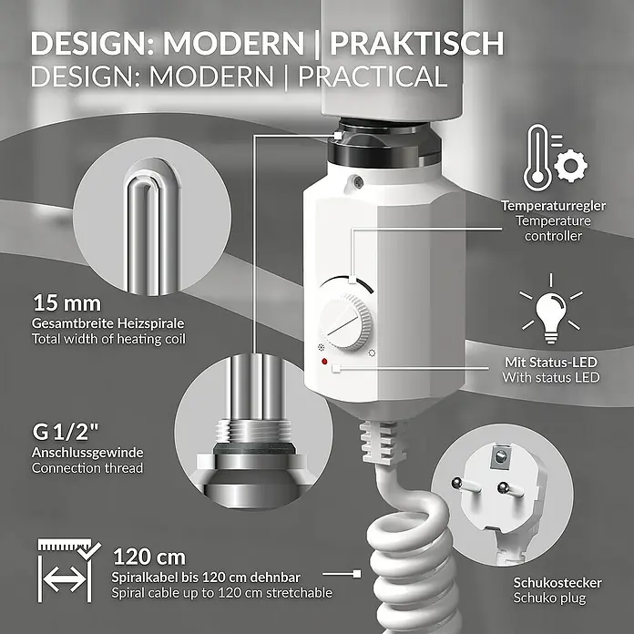 LuxeBath Elektro-Badheizkörper Handtuchwärmer Elektrisch Seitenanschluss mit Heizstab 900W gerade - B x H: 75 x 180 cm - Produktbild mit Details zu Heizspirale, Temperaturregler, Status-LED, Anschlussgewinde, Spiralkabel und Schukostecker.