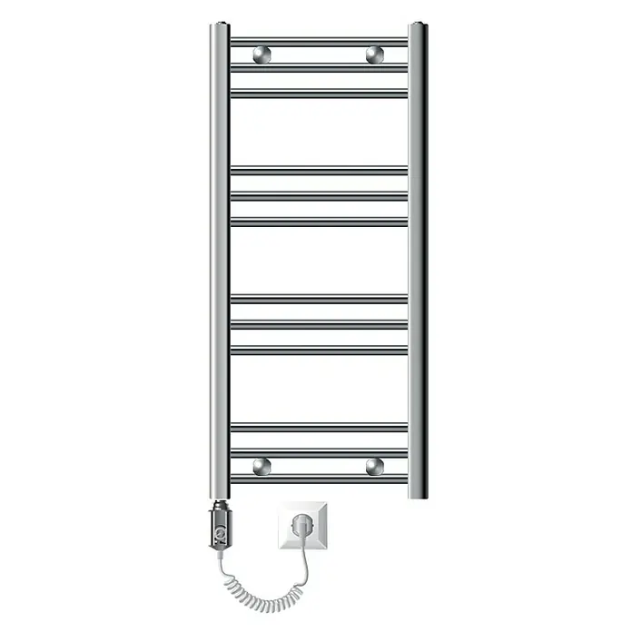 LuxeBath Elektro-Badheizkörper Handtuchwärmer Elektrisch Seitenanschluss mit Heizstab 300W gebogen - B x H: 40 x 80 cm - Handtuchwärmer: Ein chromfarbener, elektrischer Handtuchwärmer mit mehreren Sprossen und seitlichen Stangen, angeschlossen an eine Steckdose.