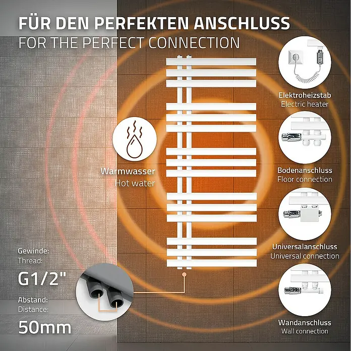 LuxeBath Elektro-Badheizkörper Design Handtuchheizkörper Handtuchwärmer Elektrisch mit Heizstab 900W - B x H: 50 x 120 cm - Bild einer weißen Handtuchheizung mit verschiedenen Anschlussmöglichkeiten und technischen Daten.